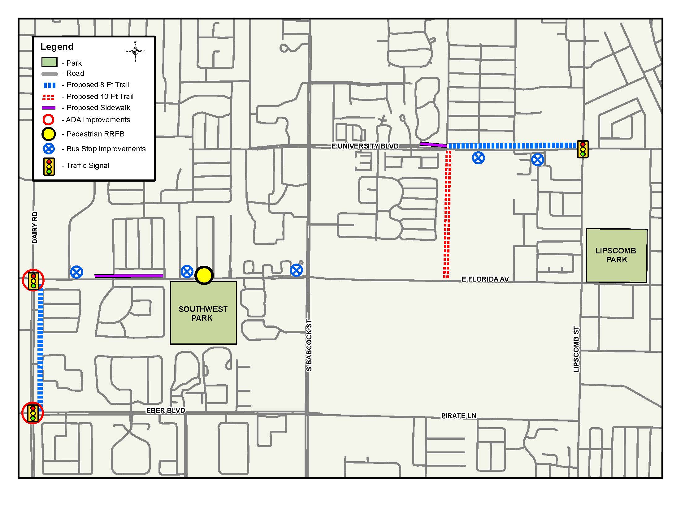 Map showing locations of improvements to be made for the Southwest Trails project in relation to Lipscomb Park and Southwest Park