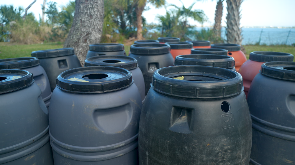Rain barrels on the Green Gables lawn