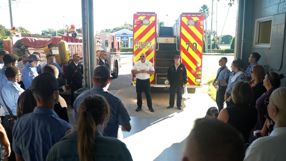 Melbourne Fire Chief and Chaplain address attendees at the Heavy Rescue Push-in Ceremony