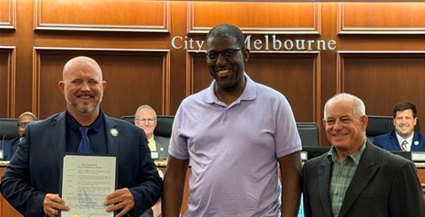 Mayor Alfrey, Howard Cheatham and Kevin Burns in the council chamber after the reading of the proclamation. 