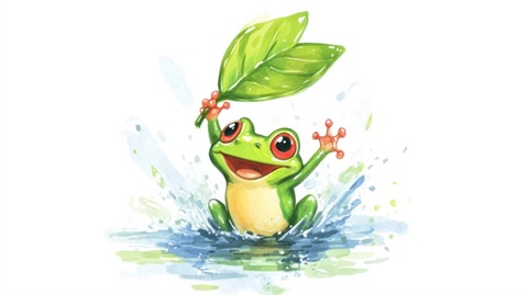 Cartoon frog smiling, splashing in the water