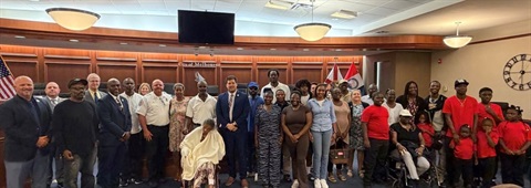 Council members, city manager, city attorney, fire chief and family and friends of Lt Best in the council chamber after the vote to rename Station 75 in honor of Lt Best