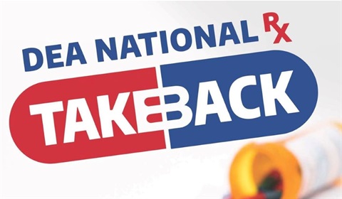 Open prescription bottle with pills spilling out and text that says DEA National Prescription Takeback