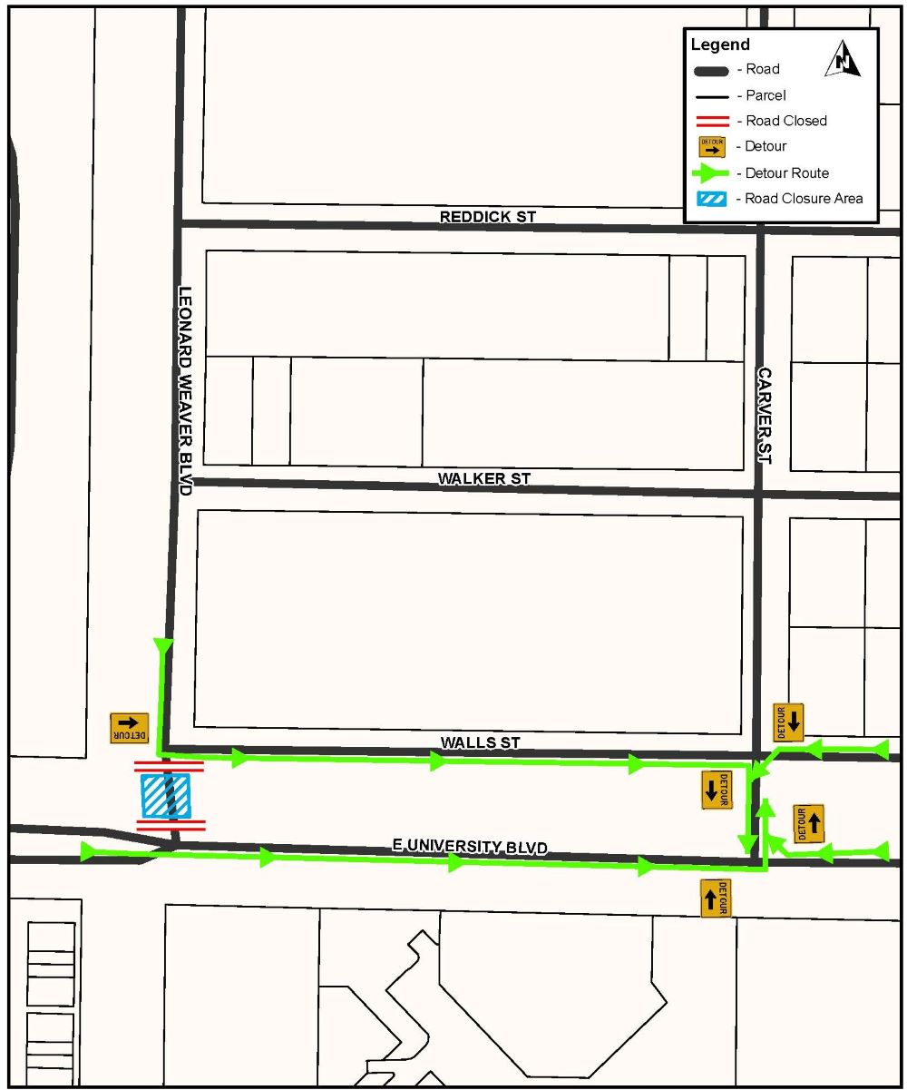 Map showing location of road closure on Leonard Weaver Blvd. at University Blvd. as well as detours on Walls Street and University Blvd.