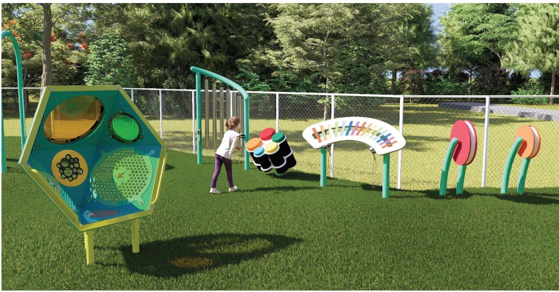 Architectural rendering of a child playing with some additional playground elements not connected to the main play structure