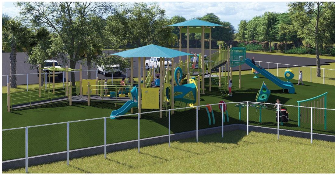 Architectural rendering of a playground with children playing on it