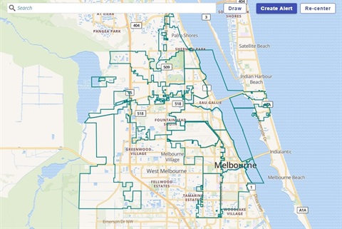 Screen shot of interactive map showing the city limits boundary of Melbourne