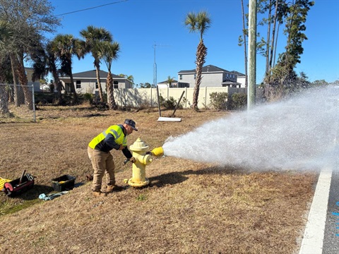 Worker flushing a fire hydrant