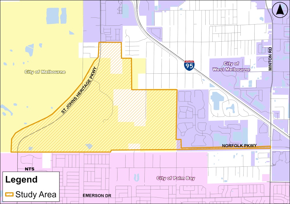 Map showing location of study area north of Norfolk Parkway and east of St. Johns Heritage Parkway and west of 95.