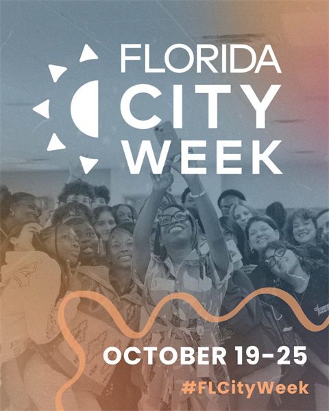 Group of people join in for a selfie with text that says Florida City Week October 19-25 #FLCityWeek
